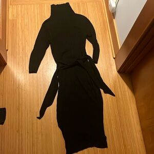 black ribbed turtleneck midi dress with waist belt size S